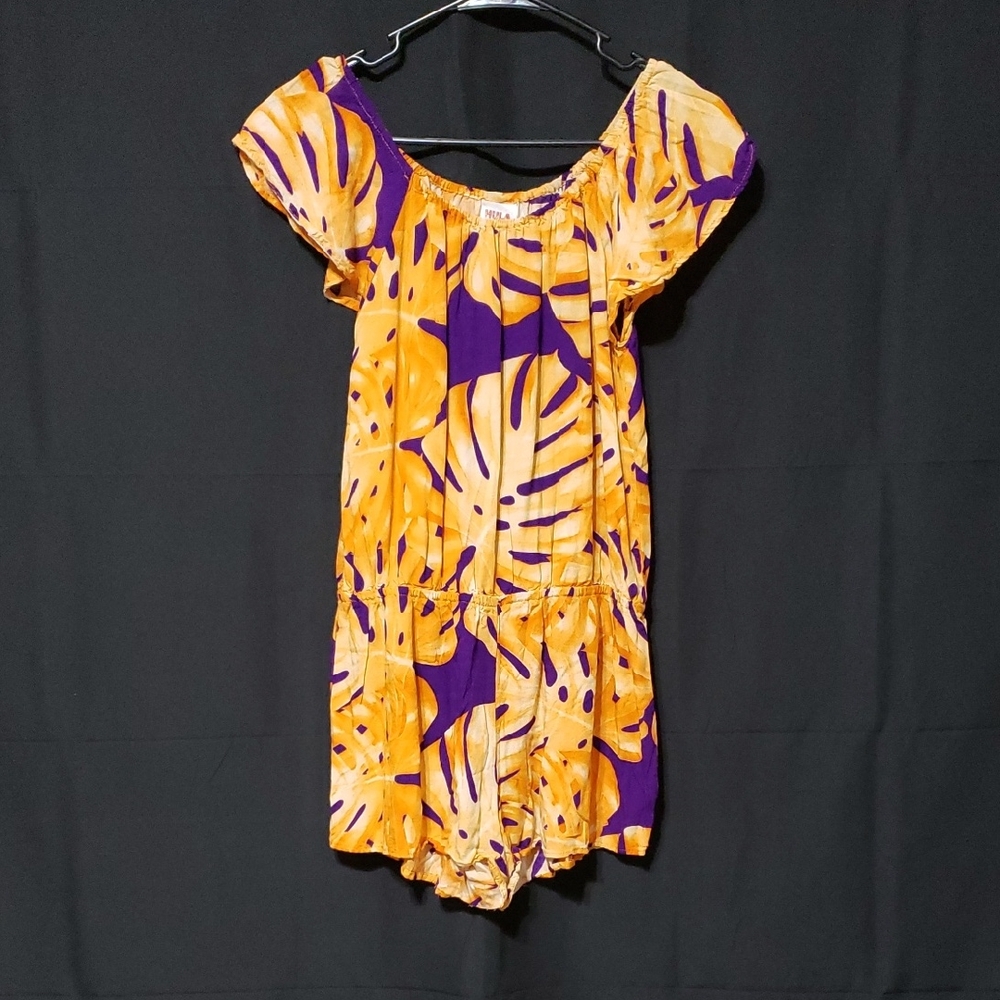Hula Bay, Vibrant Orange & Purple Tropical Print Shorts Romper.  Size: 12